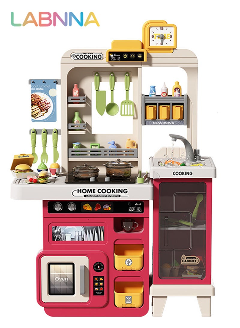 LABNNA 68 PCS Kids Kitchen Playset,Toddler Kitchen Playset for Toddlers 3+ Years, 32.2IN Play Kitchen with Spraying, Light Sound, Cooking Stove, Play Sink, Oven and Toy Kitchen Accessories (Red) - Image 2